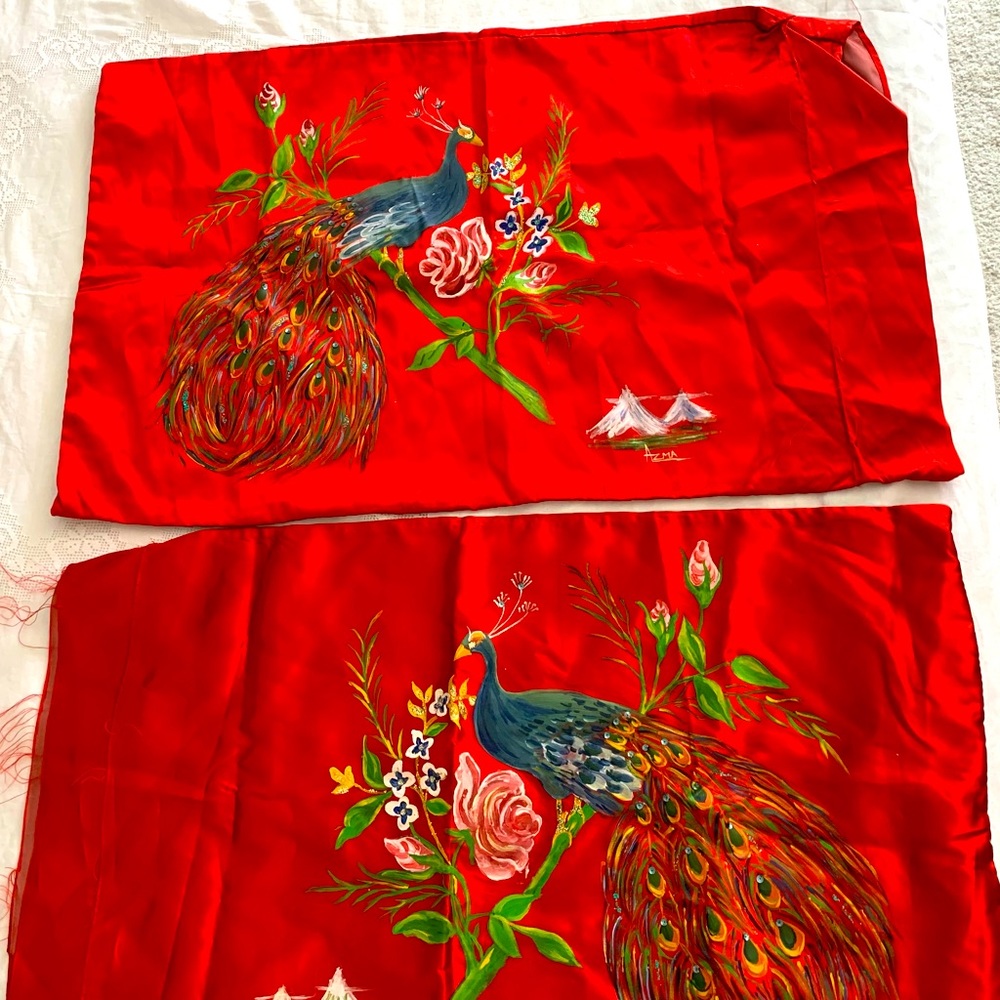 Two Hand Painted Silk Pillow Cases